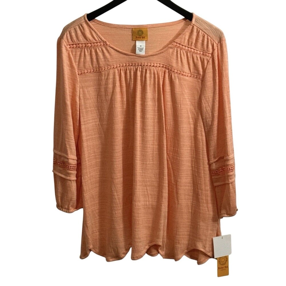 NWT Ruby Rd Tropical Oasis Peach Crochet Pintuck 3/4 Sleeve Top Size M Medium